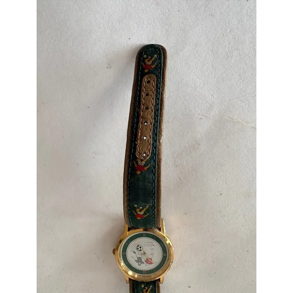 Vintage Meera Quartz Soccer Watch Green Embroidered Football Strap needs battery